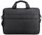 Un sac pour ordinateur portable noir en tissu avec deux poignées et une bandoulière amovible. Il présente un design élégant et épuré.