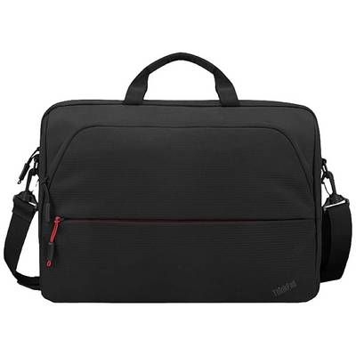 Un sac pour ordinateur portable noir avec une poignée de transport et une bandoulière réglable. Une fermeture éclair rouge est visible à l'avant.