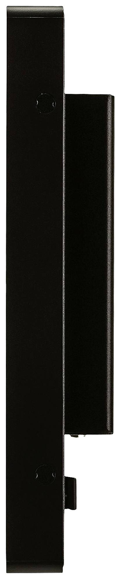 Objet noir, rectangulaire, à orientation verticale, avec un profil plat et un élément en saillie sur le côté.