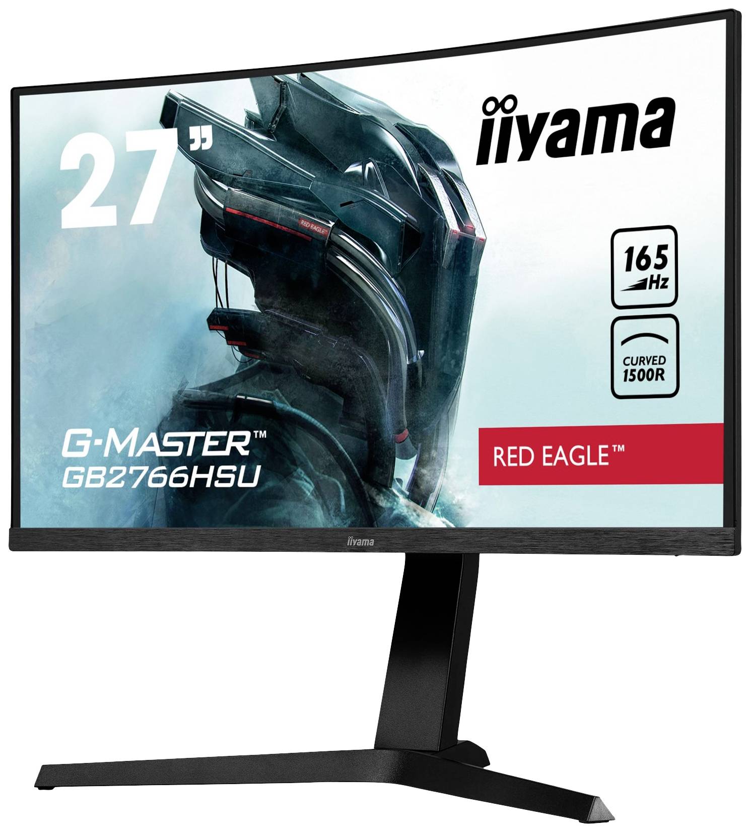Un moniteur gaming incurvé iiyama de 27 pouces, modèle G-Master GB2766HSU, Red Eagle, avec un taux de rafraîchissement de 165 Hz, présenté sous un angle.