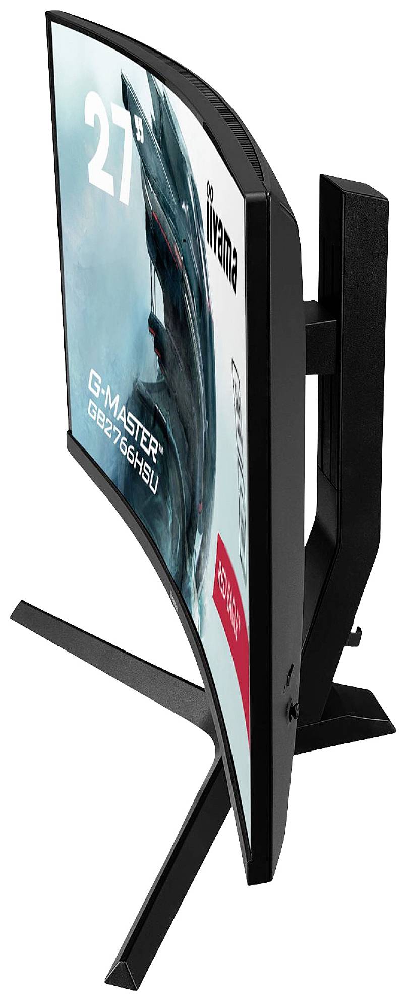 Moniteur de jeu incurvé de 27 pouces avec un support robuste, l'écran avant affiche le texte 'G-MASTER' et une image stylisée.