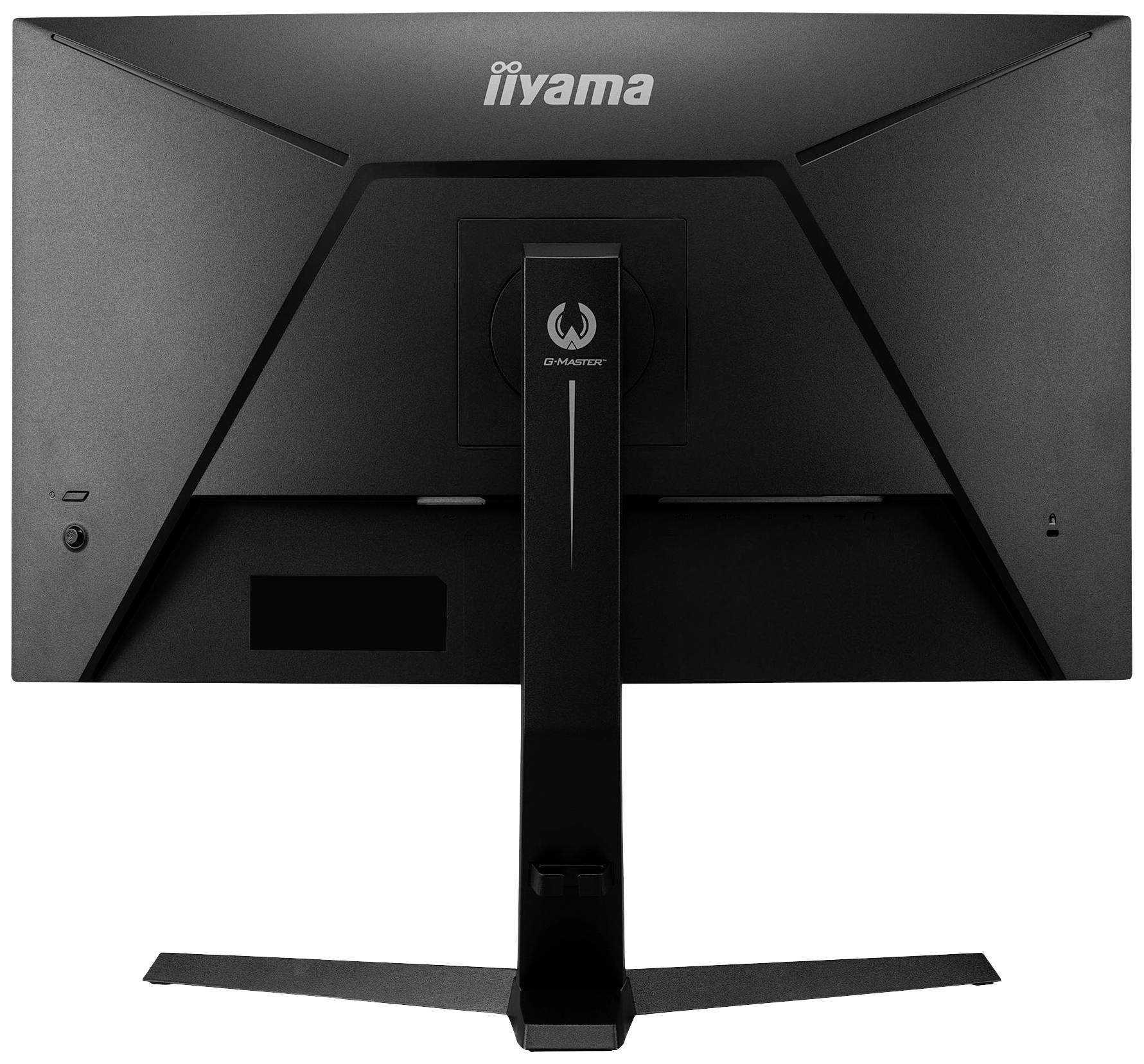 Un écran d'ordinateur noir vu de dos, montrant le modèle d'iiyama. L'écran est équipé d'un socle rectangulaire.
