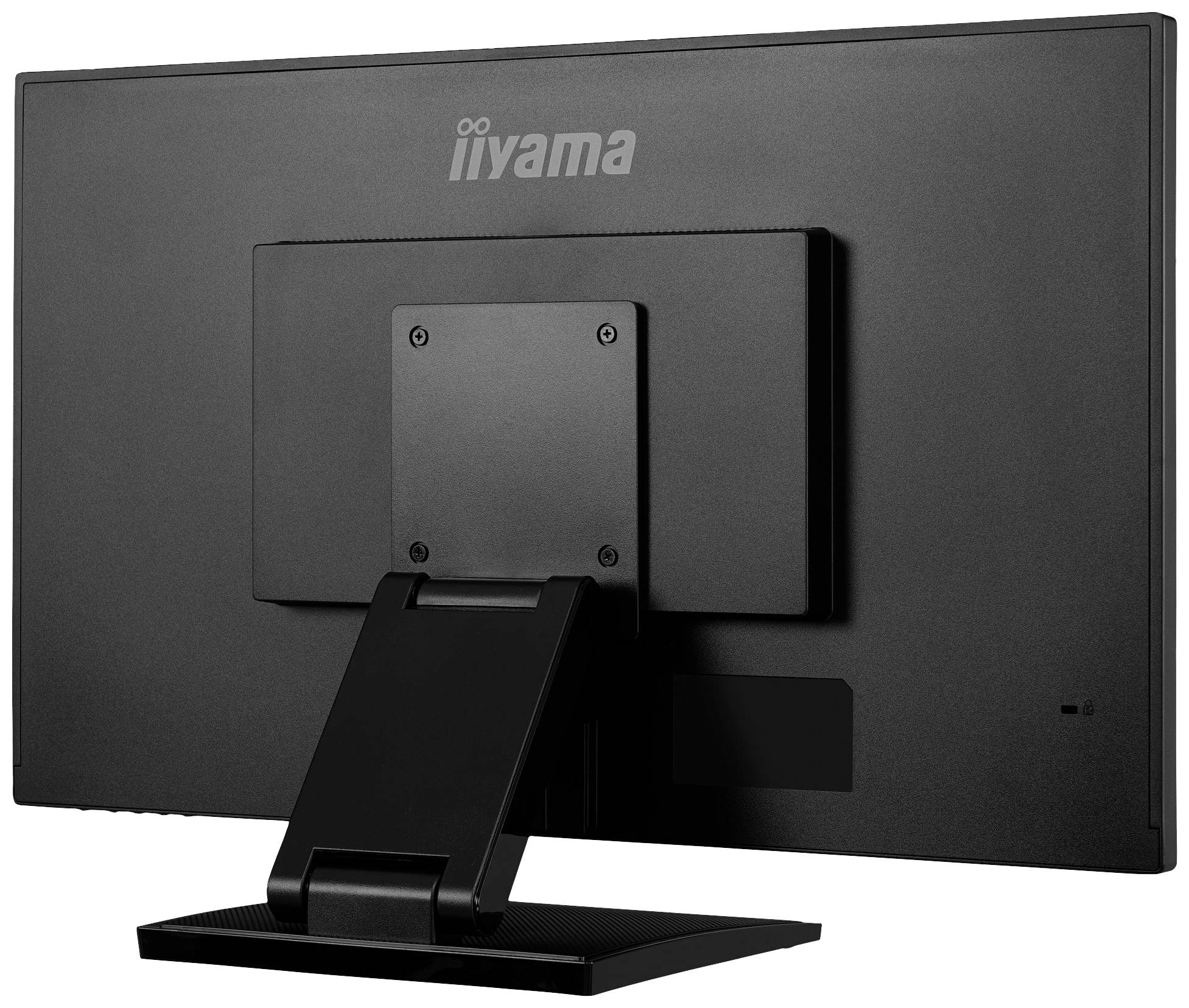 Un moniteur d'ordinateur noir, vue de dos, avec un socle rectangulaire et un design simple. Marque 'iiyama' visible en haut.