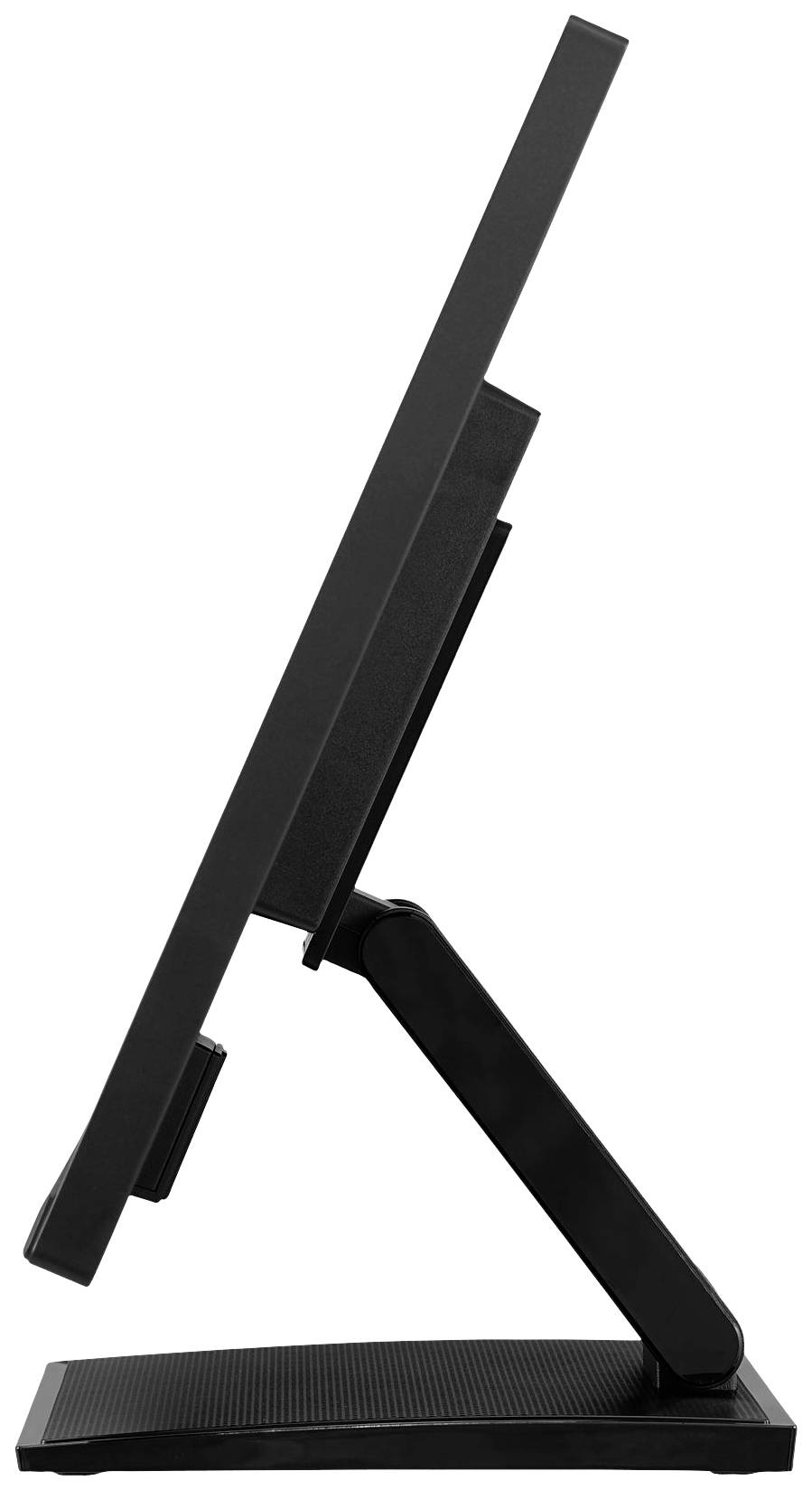 Un écran d'ordinateur noir vu de côté, monté sur un support réglable, sur un fond blanc.