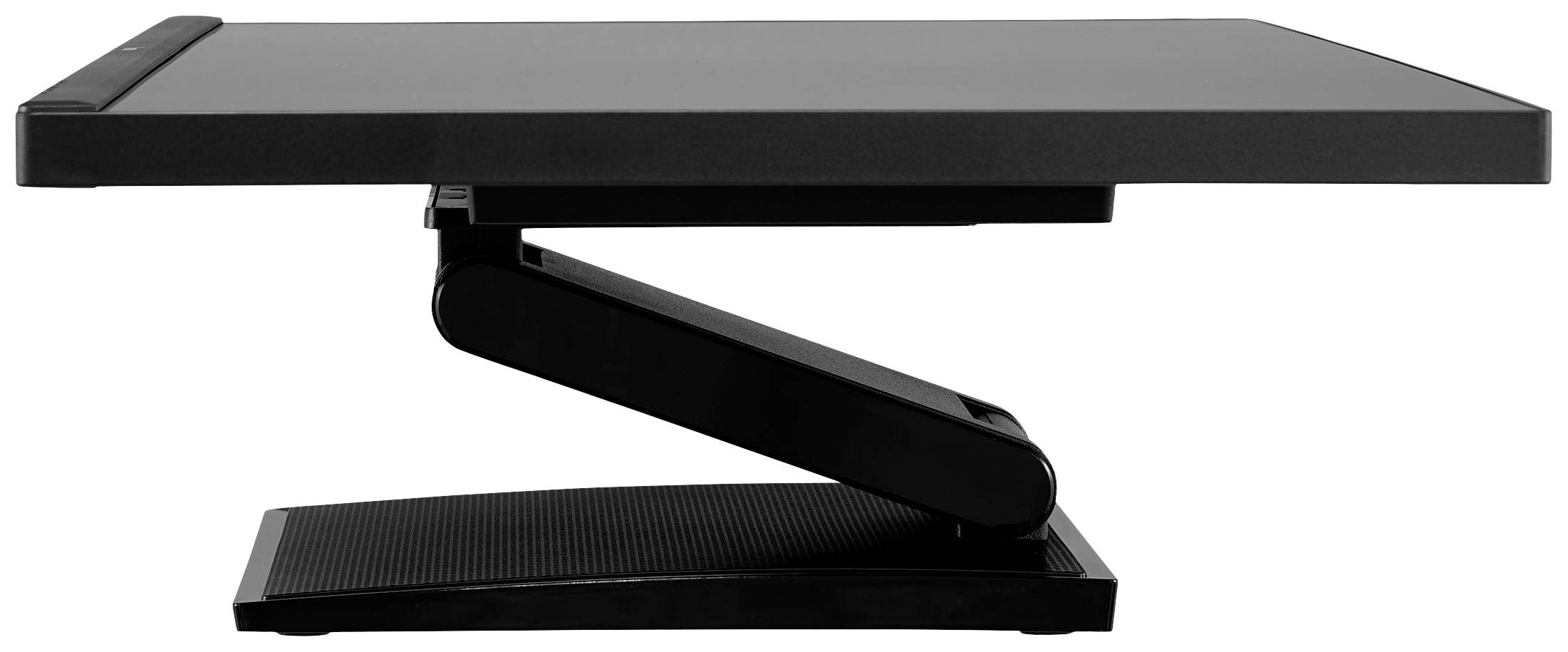Un support de bureau réglable en hauteur au design noir. Idéal pour travailler debout ou assis, favorisant un travail ergonomique.