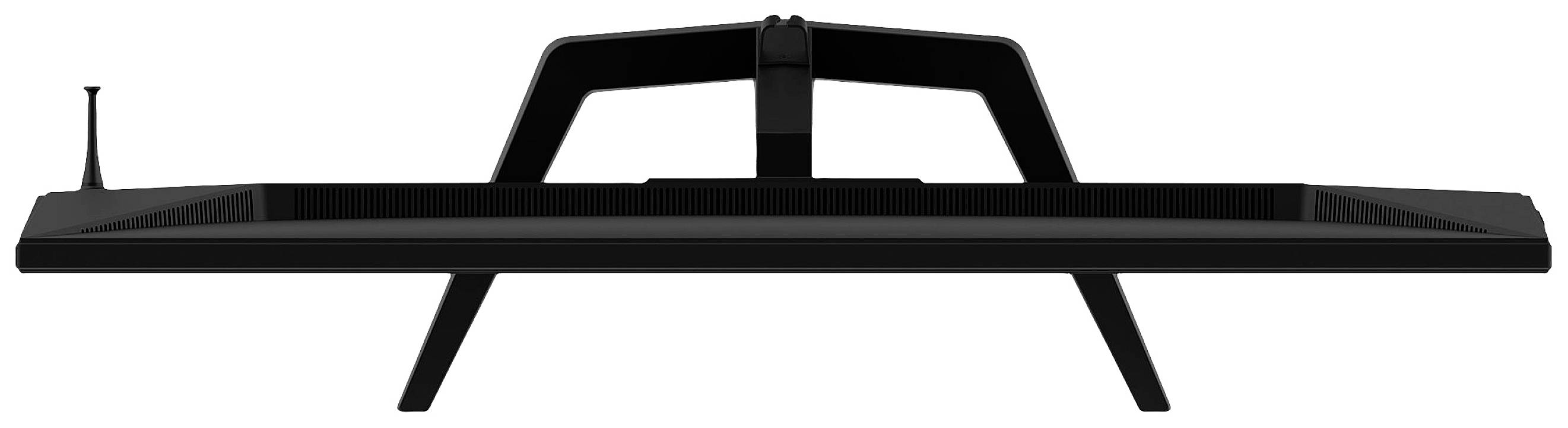 Un moniteur noir vu de dos, au design élégant, avec un socle robuste et une petite antenne sur la gauche.