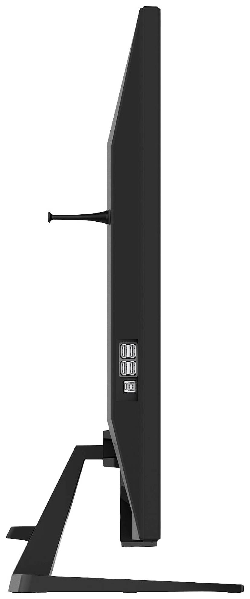 Un téléviseur noir à écran plat est montré de côté, avec des connexions visibles et un support élégant et fin.