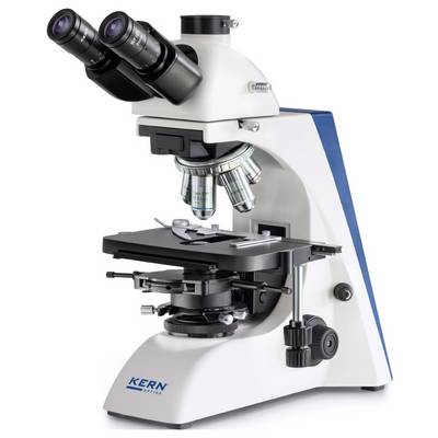 Microscope à plusieurs objectifs et oculaires, adapté aux investigations scientifiques ou aux analyses de laboratoire. L'appareil est blanc et bleu.