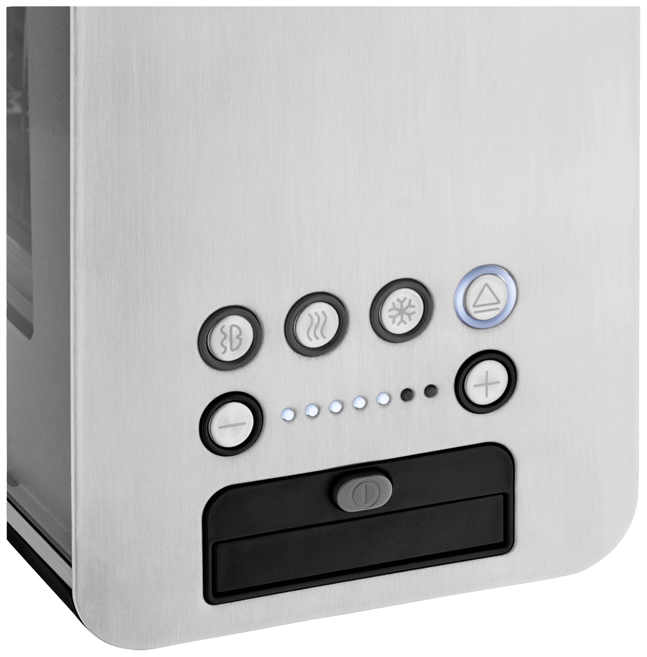 Une machine à café argentée avec des symboles éclairés pour les réglages tels que la quantité de café, la température et le démarrage.