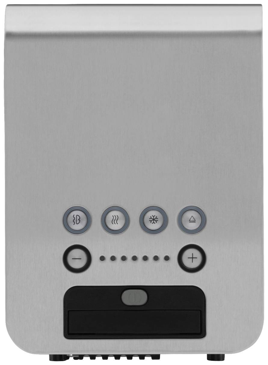 Un panneau de commande en acier inoxydable avec cinq touches à symboles pour différentes fonctions, comprenant le refroidissement, le chauffage et le ventilateur, avec un écran au-dessus.