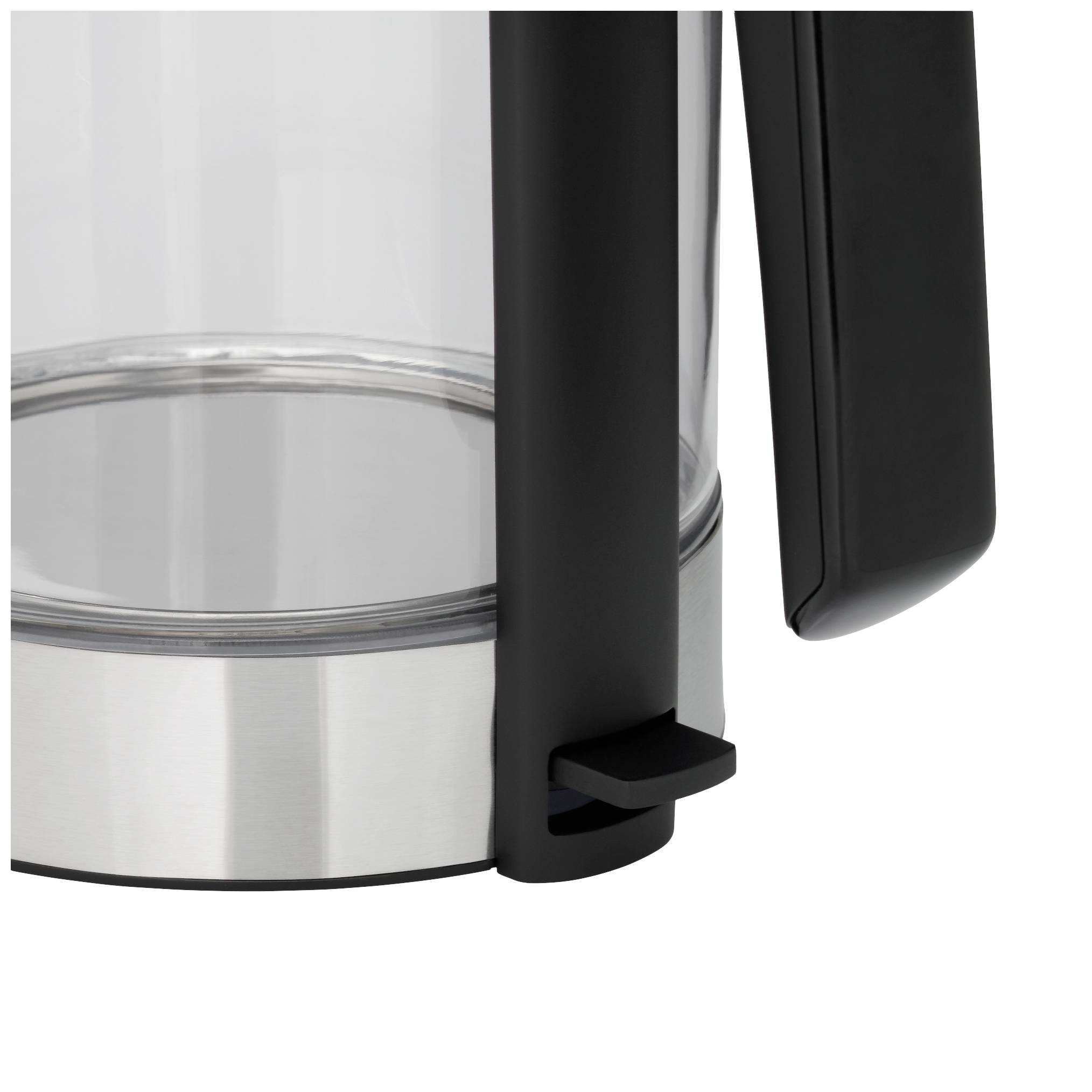 Une bouilloire électrique avec un boîtier transparent en verre et une poignée noire, montrant une partie du fond en acier inoxydable.