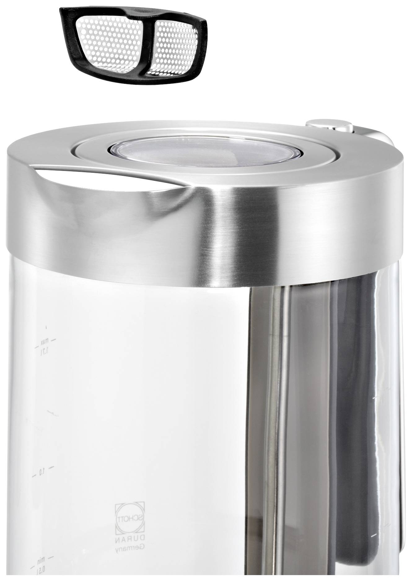 Machine à café au design moderne en acier inoxydable et verre, avec un filtre amovible sur le dessus, adaptée à une utilisation quotidienne.