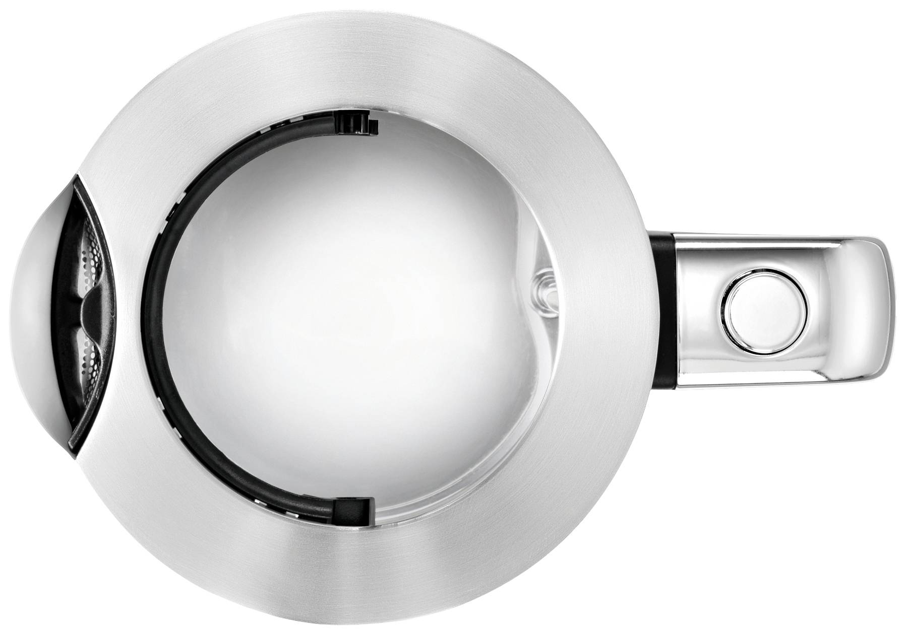 Bouilloire en argent vue de dessus, avec une poignée ergonomique et une grande ouverture facilitant le remplissage et le nettoyage.