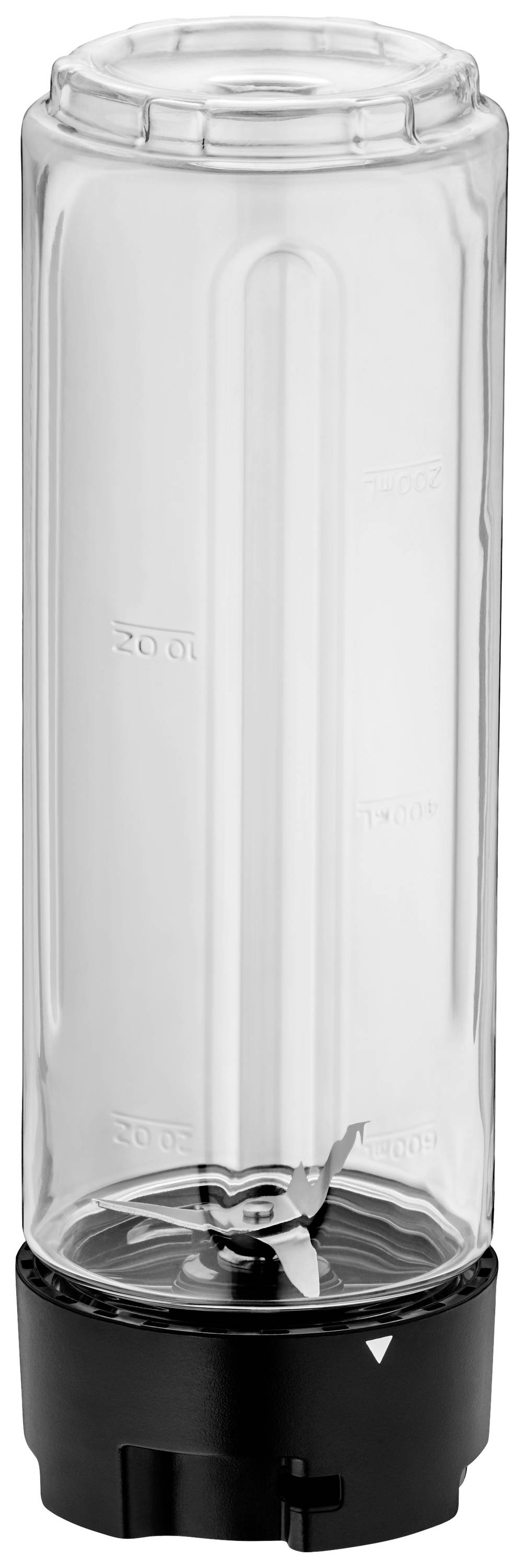 Un récipient de blender transparent avec socle noir et lames intégrées, adapté pour les smoothies ou les milkshakes.