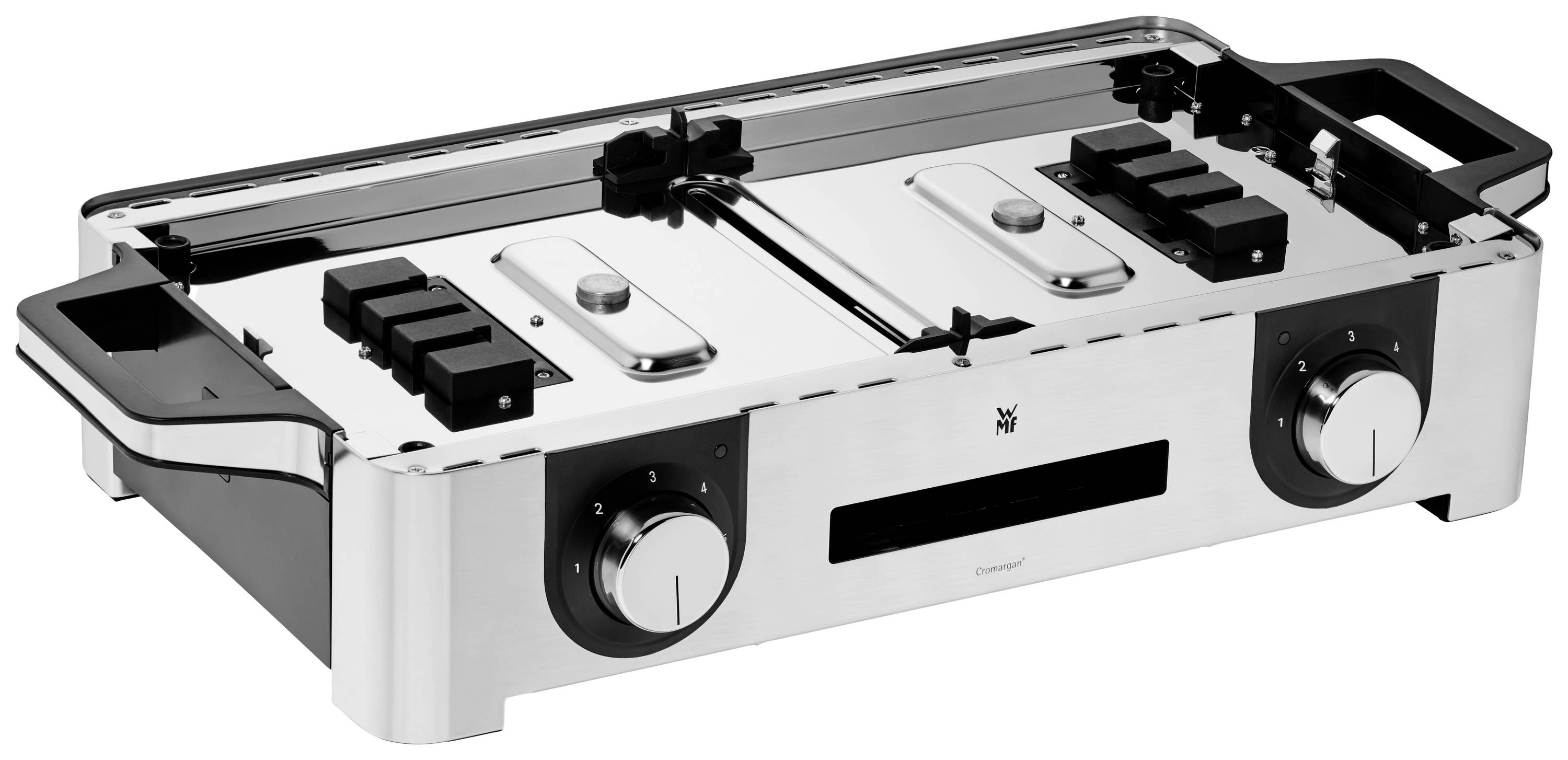 Grill électrique avec deux zones de chauffe, surface chromée, grandes poignées de commande et deux poignées de transport. Idéal pour la cuisson en extérieur.