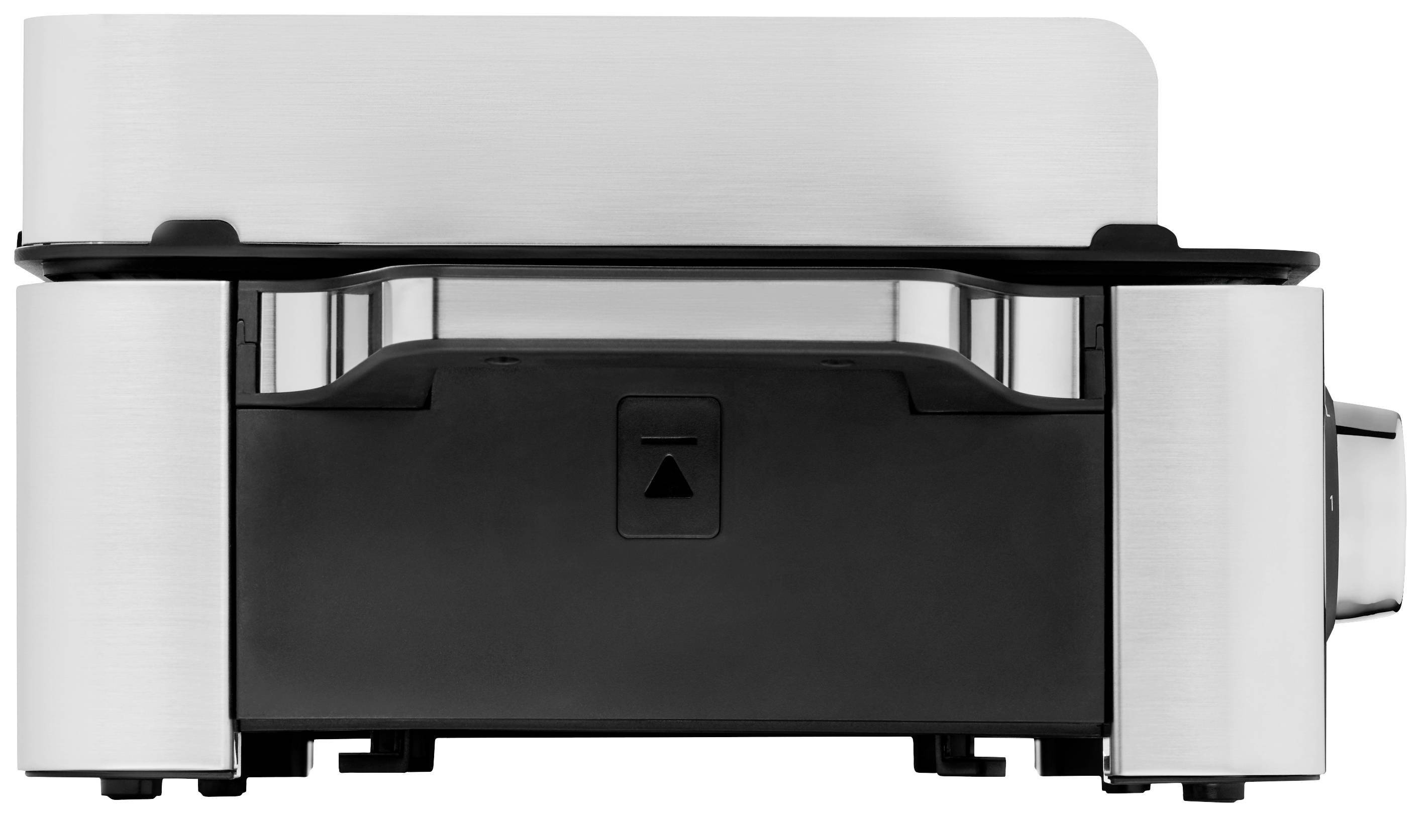 Grill de table de contact en position fermée, design argent et noir, compact et moderne, adapté pour griller et toaster.