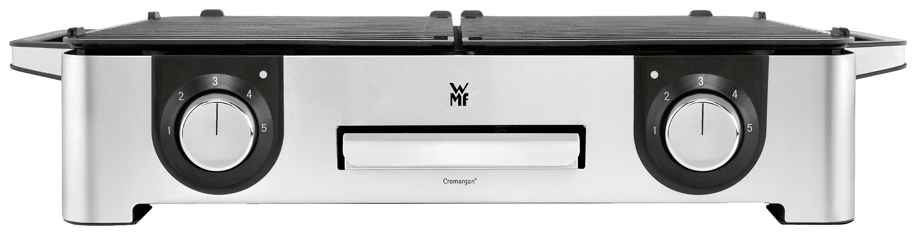 Un grill de table électrique avec deux boutons rotatifs noirs à gauche et à droite, un boîtier argenté et une surface de grill lisse sur le dessus.