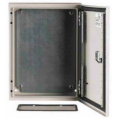Armoire métallique avec porte ouverte et panneau arrière retiré. Adaptée pour l'installation d'équipements électriques ou électroniques.