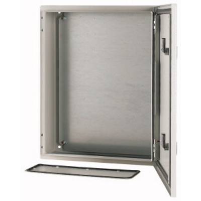 Armoire électrique métallique rectangulaire, ouverte, avec porte retirée, laissant l'intérieur visible. Adaptée aux installations électriques.