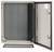 Armoire métallique à porte ouverte montrant un intérieur vide et un panneau amovible en bas. Adaptée pour les installations techniques.