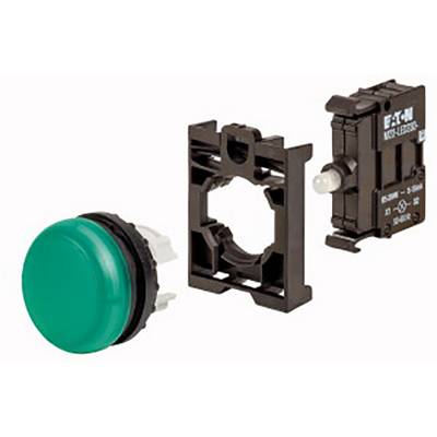Un bouton-poussoir vert en pièces détachées : capuchon, support et module électrique. Adapté aux applications de commande industrielles.