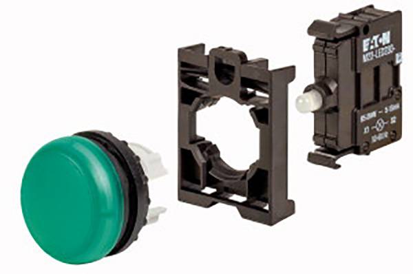 Un bouton-poussoir vert, rond, avec cadre de montage et élément de commutation séparé. Adapté pour une utilisation dans des circuits électriques.