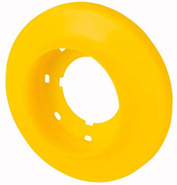 Un pneu en caoutchouc jaune avec un trou central, probablement une partie d'un jouet ou d'un dispositif mécanique.