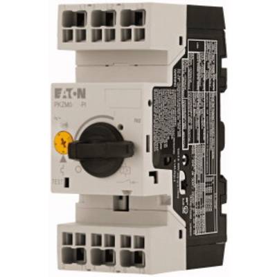 Un disjoncteur Eaton, modèle PKZM0, avec bouton rotatif au centre. Détails techniques sur le côté droit de l'appareil.