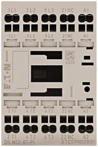 Un contacteur électrique de la marque Eaton, modèle DILM12-01-P1. Il présente différentes bornes de connexion avec des étiquettes.