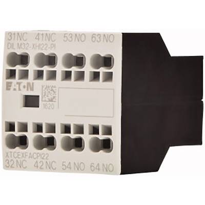 Un connecteur électrique avec des bornes numérotées (31NC, 41NC, 53NO, etc.), marque EATON, code produit XTCEFXFACP22.