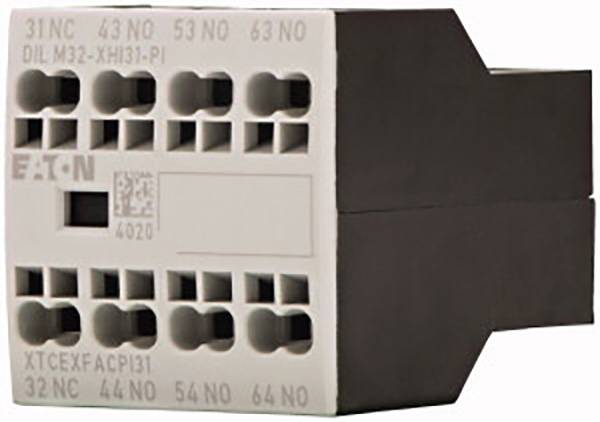 'Bloc de connexion électrique avec plusieurs bornes numérotées, nom de marque 'Eaton' visible. Utilisé pour les connexions électriques.'