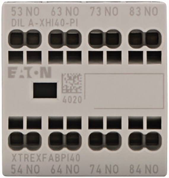 Un bloc de connexion électrique avec plusieurs bornes numérotées portant l'inscription 'EATON' et '53 NO 63 NO 73 NO 83 NO'.