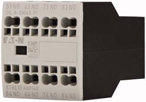 Borne de connexion avec plusieurs emplacements numérotés, portant l'inscription 'EATON XTREXFABP40', boîtier noir, façade blanche.