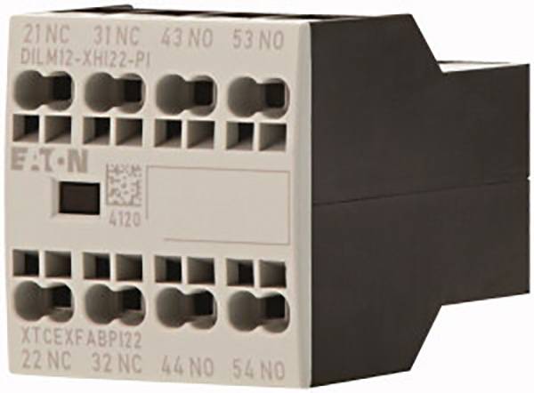 Un bloc interrupteur électromécanique avec plusieurs bornes de connexion, étiqueté 'EATON' et portant différentes désignations de connexion.