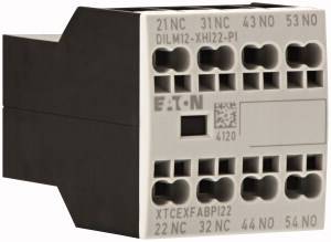 Boîtier électrique Eaton avec plusieurs bornes de connexion, modèle DILM12-XHI22-PI, pour le contrôle et la connexion de circuits électriques.