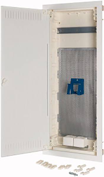 Boîte de distribution électrique avec porte ouverte, vide, prête pour l'installation. Contient les accessoires de montage en bas.