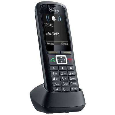 Téléphone sans fil sur sa station de charge affichant un appel entrant de 'John Smith' avec les options 'Répondre' et 'Mettre en sourdine'.