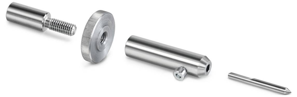 Un kit de construction métallique composé de pièces cylindriques et de vis. Comprend un élément fileté, un disque cranté et un petit dispositif de vissage.