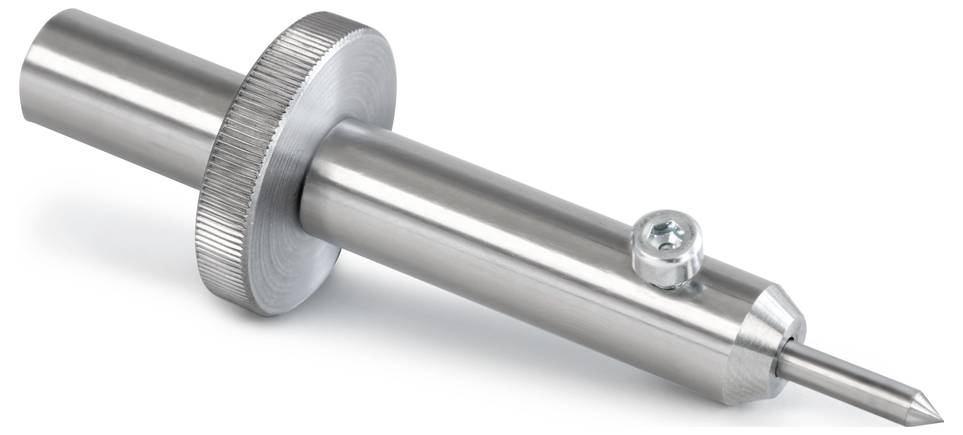 Un support d'outil de précision en argent, métallique, avec une roue striée et une vis, adapté pour l'ajustement fin des outils.