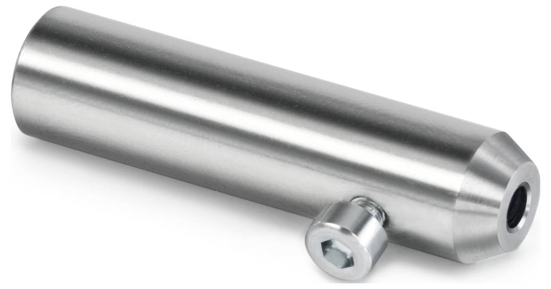 Pièce cylindrique en métal avec des extrémités arrondies et un boulon latéral. Probablement un composant d'un dispositif mécanique.
