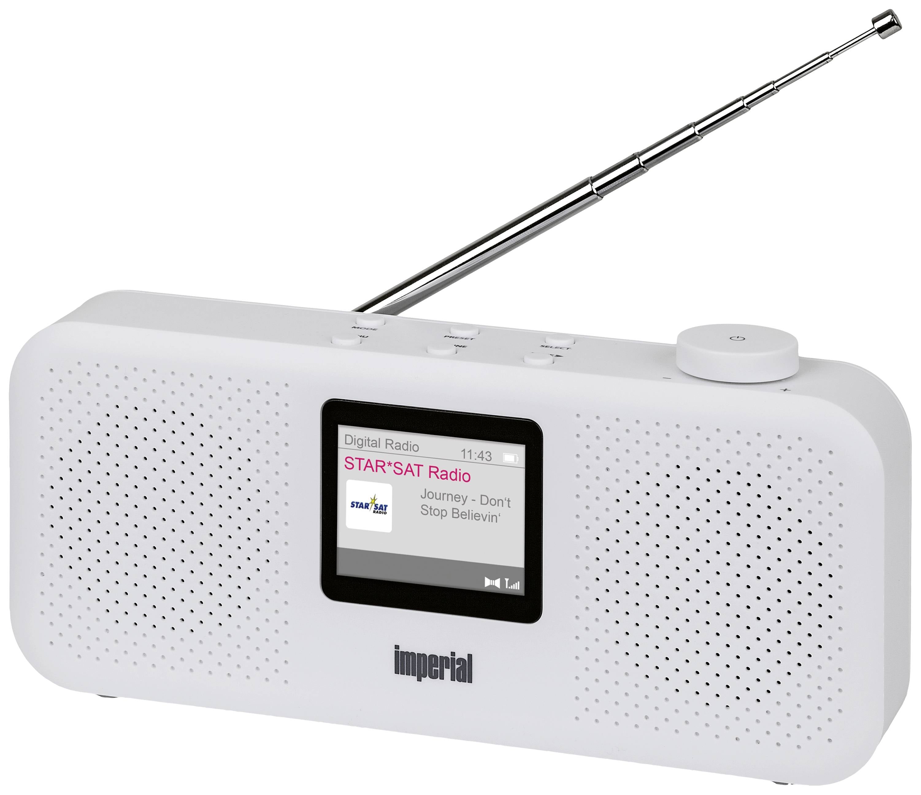 Radio numérique portable blanc avec antenne télescopique. L'écran affiche 'STARSAT Radio' et la chanson 'Don't Stop Believin''