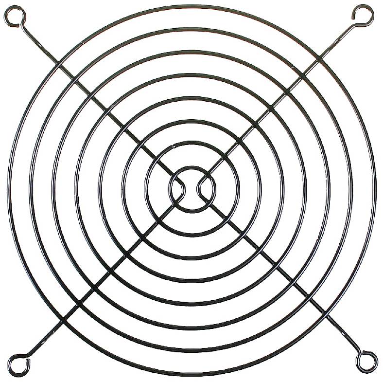 Une grille métallique ronde composée de plusieurs cercles concentriques, maintenus par quatre supports diagonaux, probablement utilisée comme protection ou couvercle.