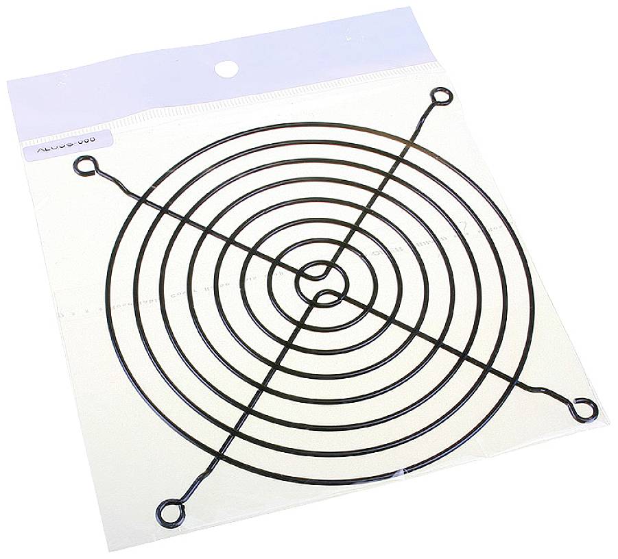 Une grille de ventilation ronde noire en métal avec plusieurs cercles concentriques et quatre points de fixation.