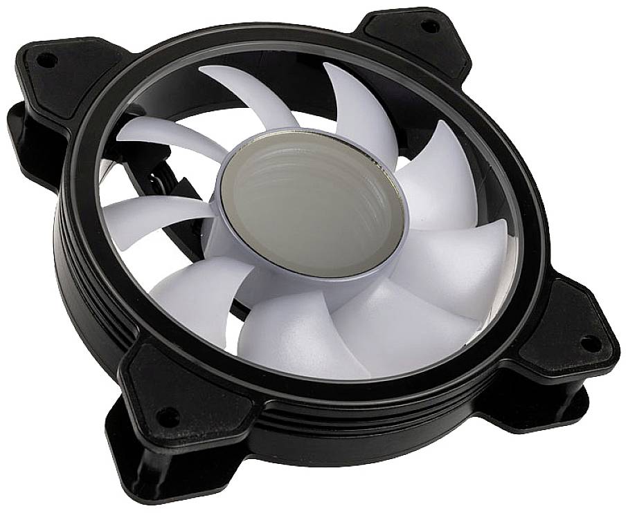 Ventilateur avec boîtier noir et blanc. Utilisé pour le refroidissement dans les appareils électroniques. Principalement intégré dans les ordinateurs.
