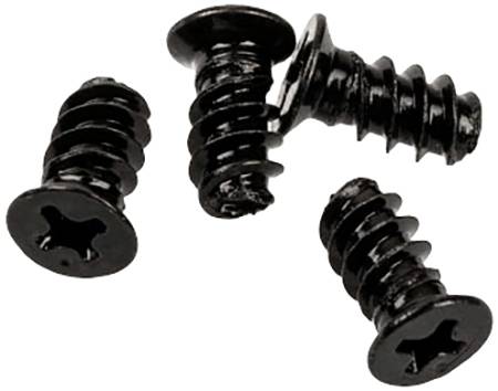 Quatre vis noires à tête cruciforme, posées en vrac sur une surface.