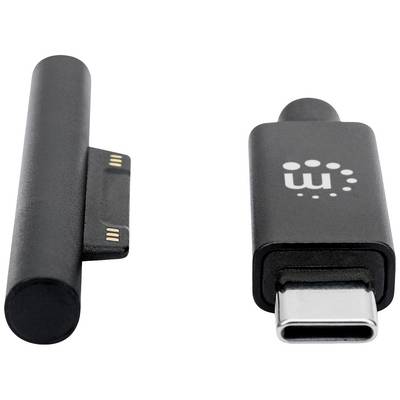 Deux adaptateurs : à gauche, un adaptateur magnétique rond avec des connexions, à droite, un adaptateur USB-C, noir avec un logo blanc.