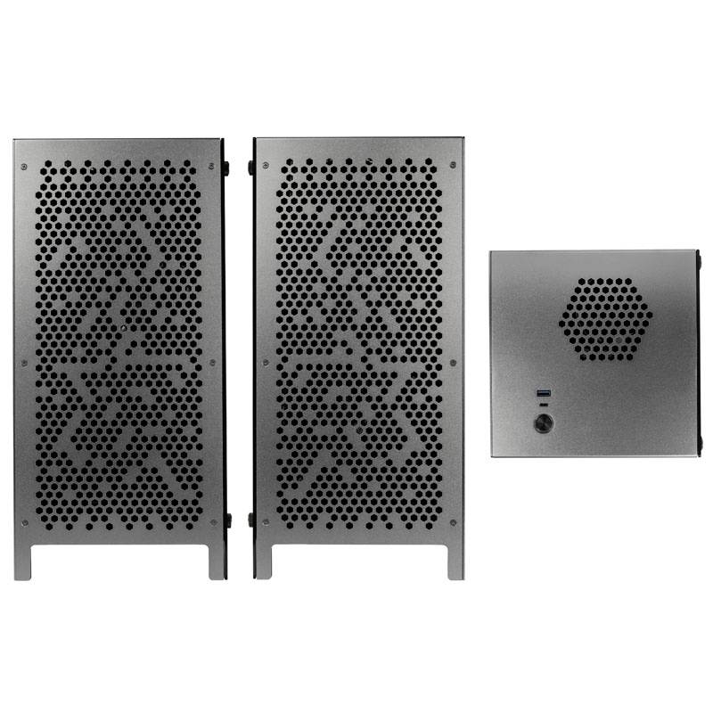Trois boîtiers métalliques rectangulaires gris avec des motifs perforés. L'un est plus petit, avec des ports USB et audio visibles à l'avant.