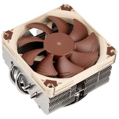 Un ventilateur de CPU carré avec des pales brunes et un dissipateur thermique argenté, conçu pour le refroidissement des processeurs informatiques.