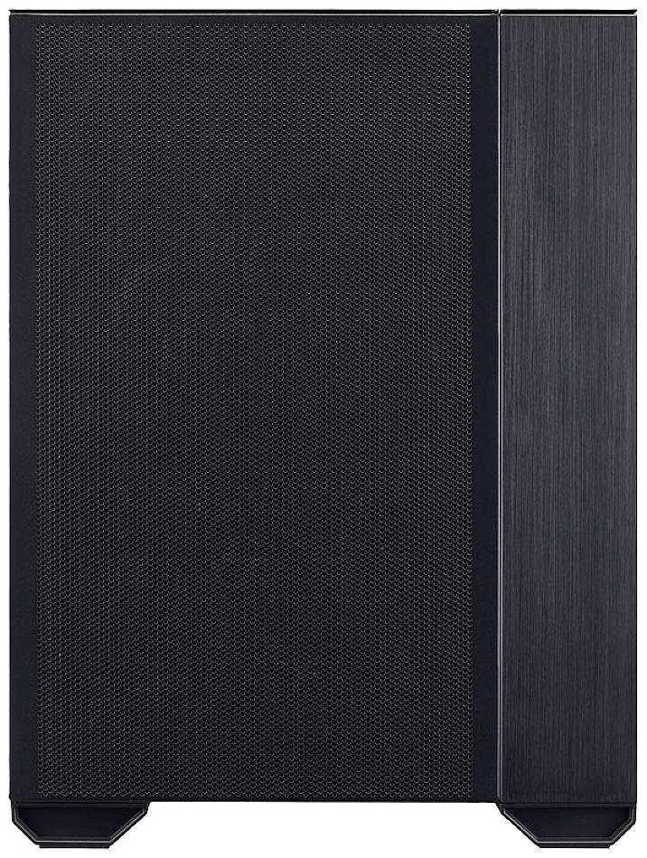 Un boîtier d'ordinateur noir avec une grille en maille sur la façade, adapté pour un PC de bureau.