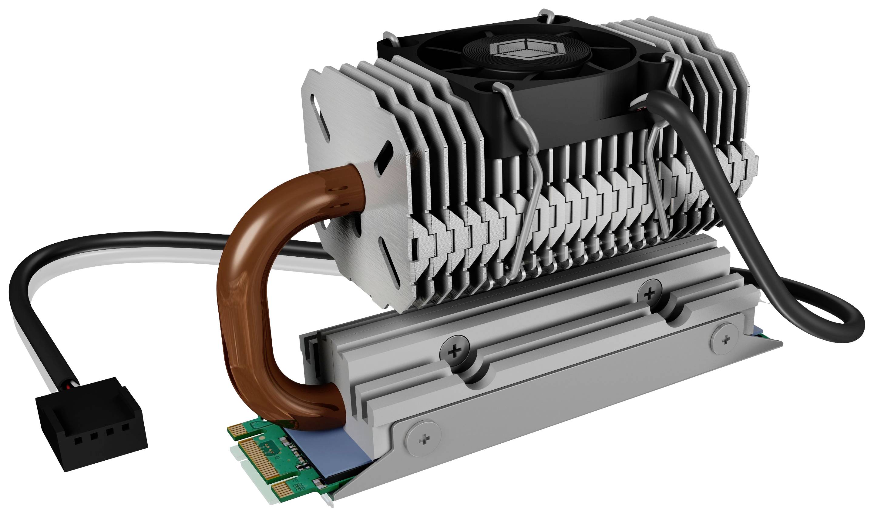 Un dissipateur thermique argenté avec ventilateur et tube de cuivre, monté sur une carte électronique verte. Des câbles sont connectés pour l'alimentation électrique.